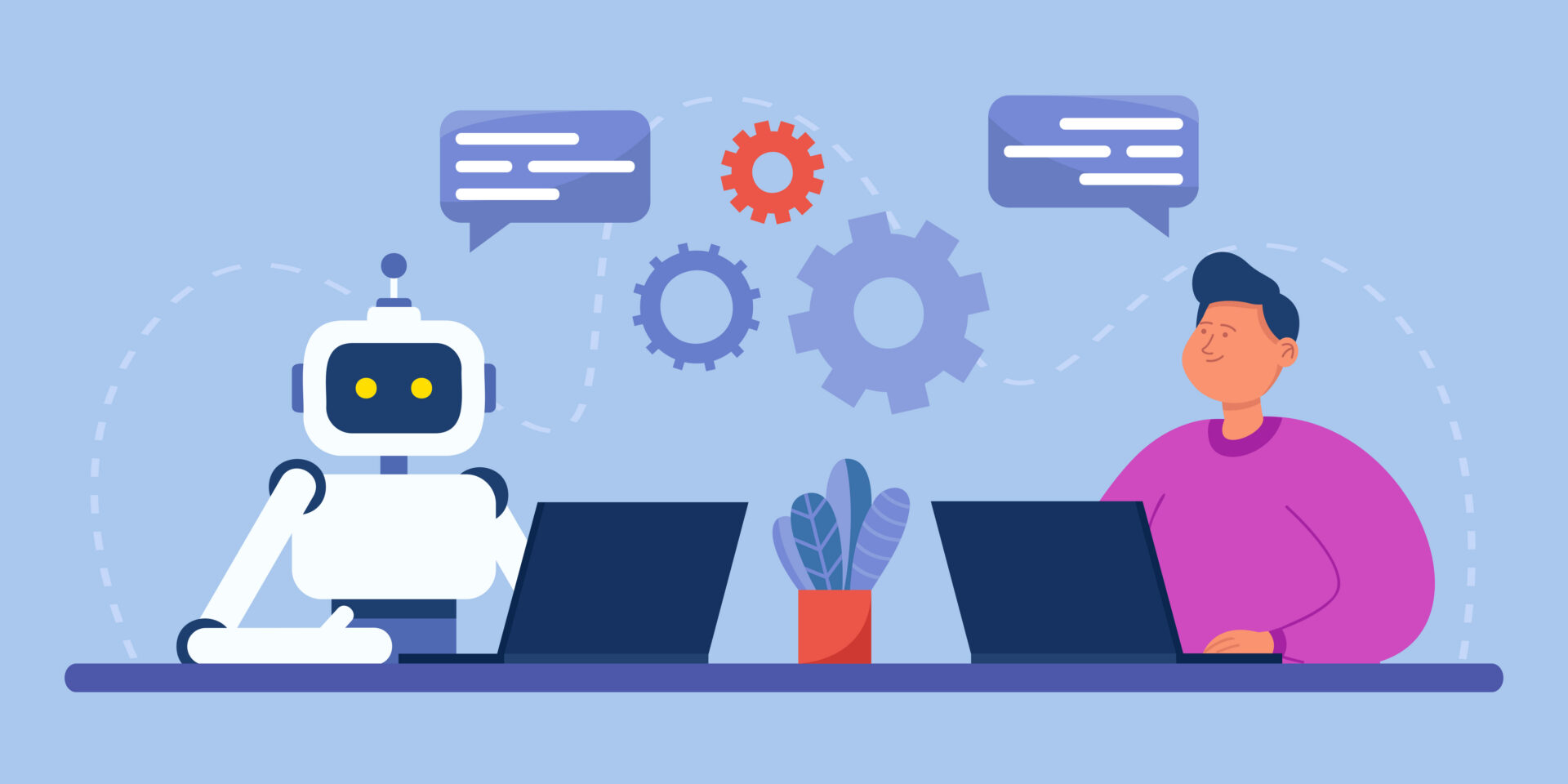 A robot and person sit across from each other at a desk with laptops, speech bubbles and gears above them, symbolizing collaboration.