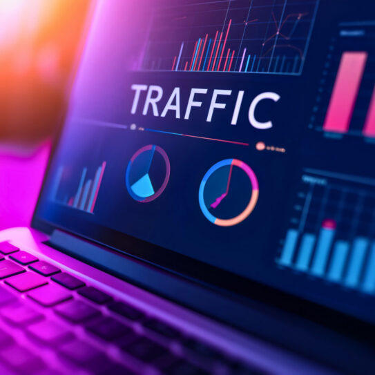 A laptop screen displays colorful graphs, charts, and the word TRAFFIC, representing website analytics with a blurred purple-orange background.