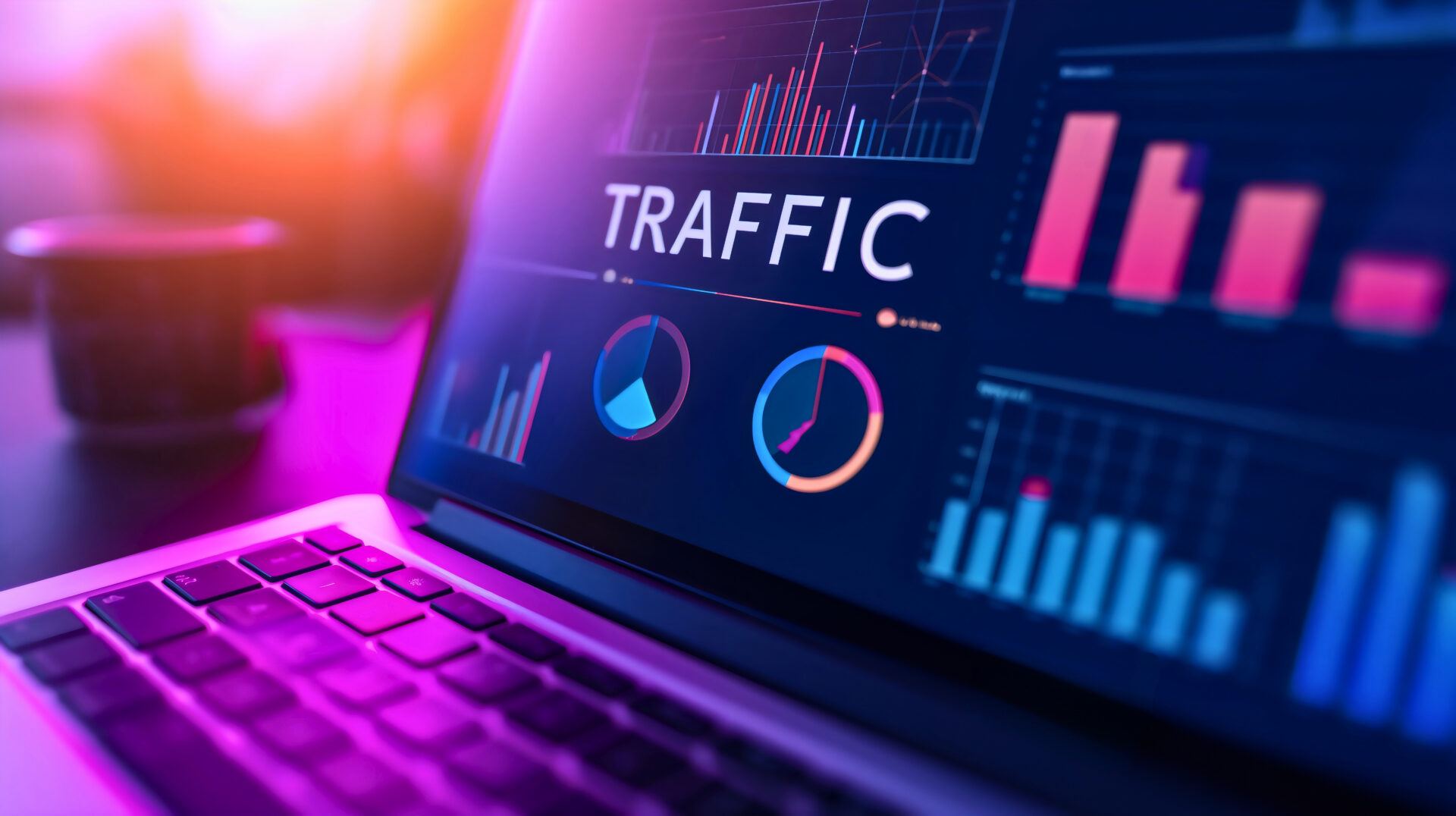 A laptop screen displays colorful graphs, charts, and the word TRAFFIC, representing website analytics with a blurred purple-orange background.