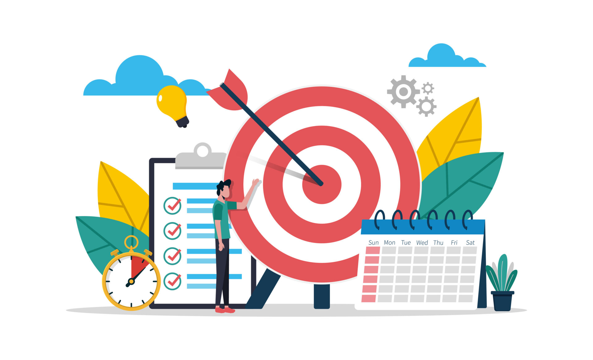 Illustration of a person pointing at a target with a dart in the bullseye, next to icons for planning, time, ideas, and productivity.