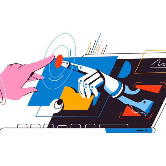 A human hand and a robotic hand reach out to press a red button above a laptop keyboard, symbolizing human-AI collaboration and AI search.