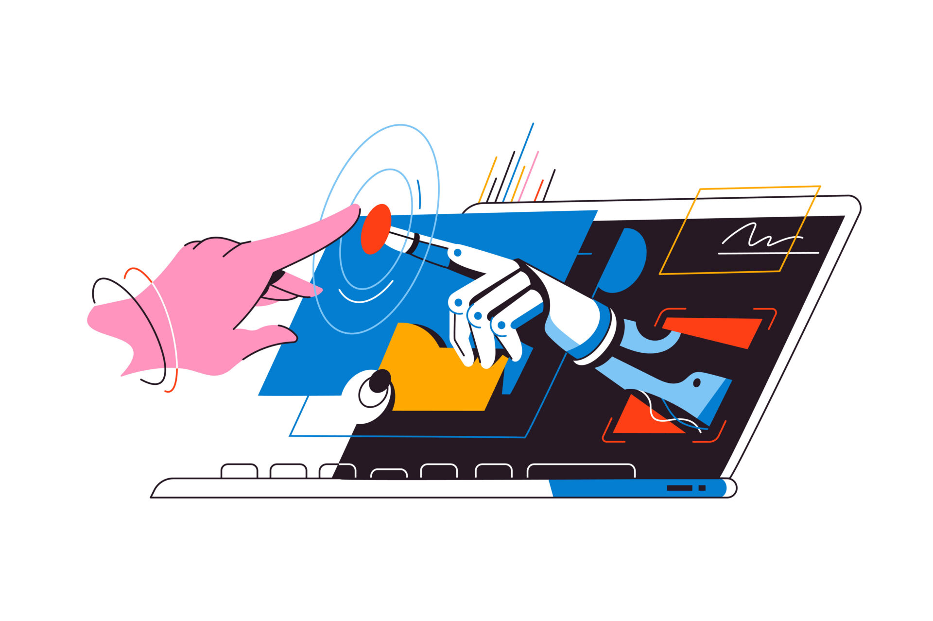A human hand and a robotic hand reach out to press a red button above a laptop keyboard, symbolizing human-AI collaboration and AI search.