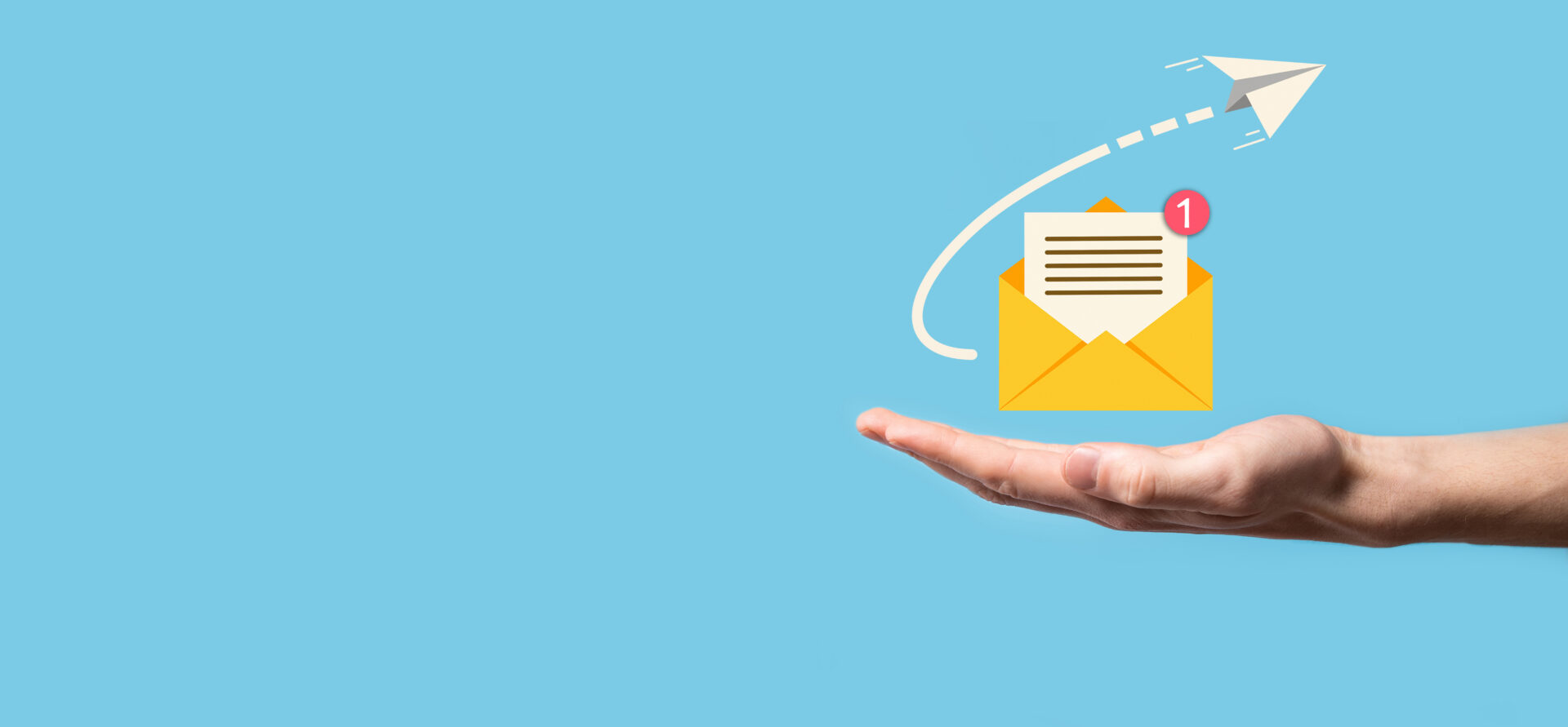 A hand holds a yellow illustrated envelope with a notification icon, as a paper airplane with a dashed trail flies above on blue background. Indicates an email marketing strategy.