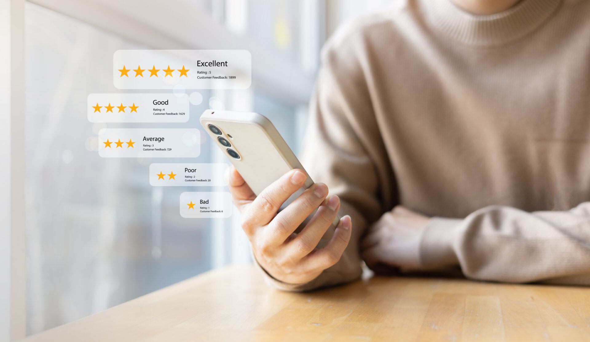 Person in beige sweater sits at a table holding a smartphone; floating review graphics show five to one star ratings for feedback.