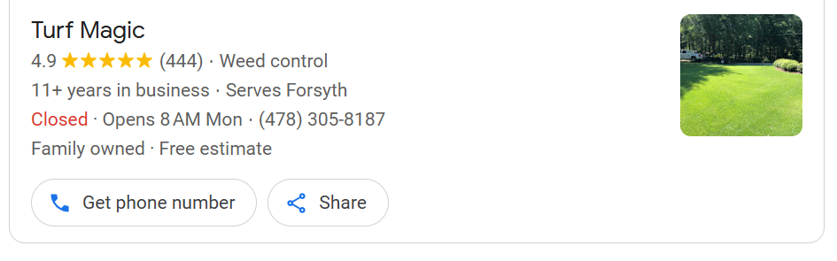 A business listing for Turf Magic, weed control service rated 4.9 from 444 reviews, with a photo of a lush lawn and trees behind.
