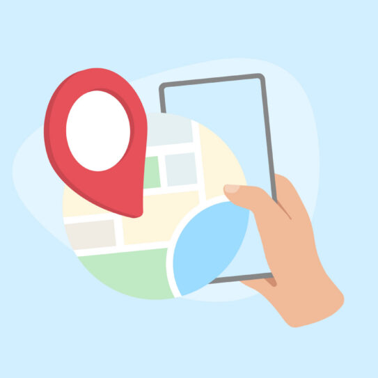Illustration of someone holding a smartphone. A map and red pin is displayed over the screen to indicate a local search. Represents GLSAs.