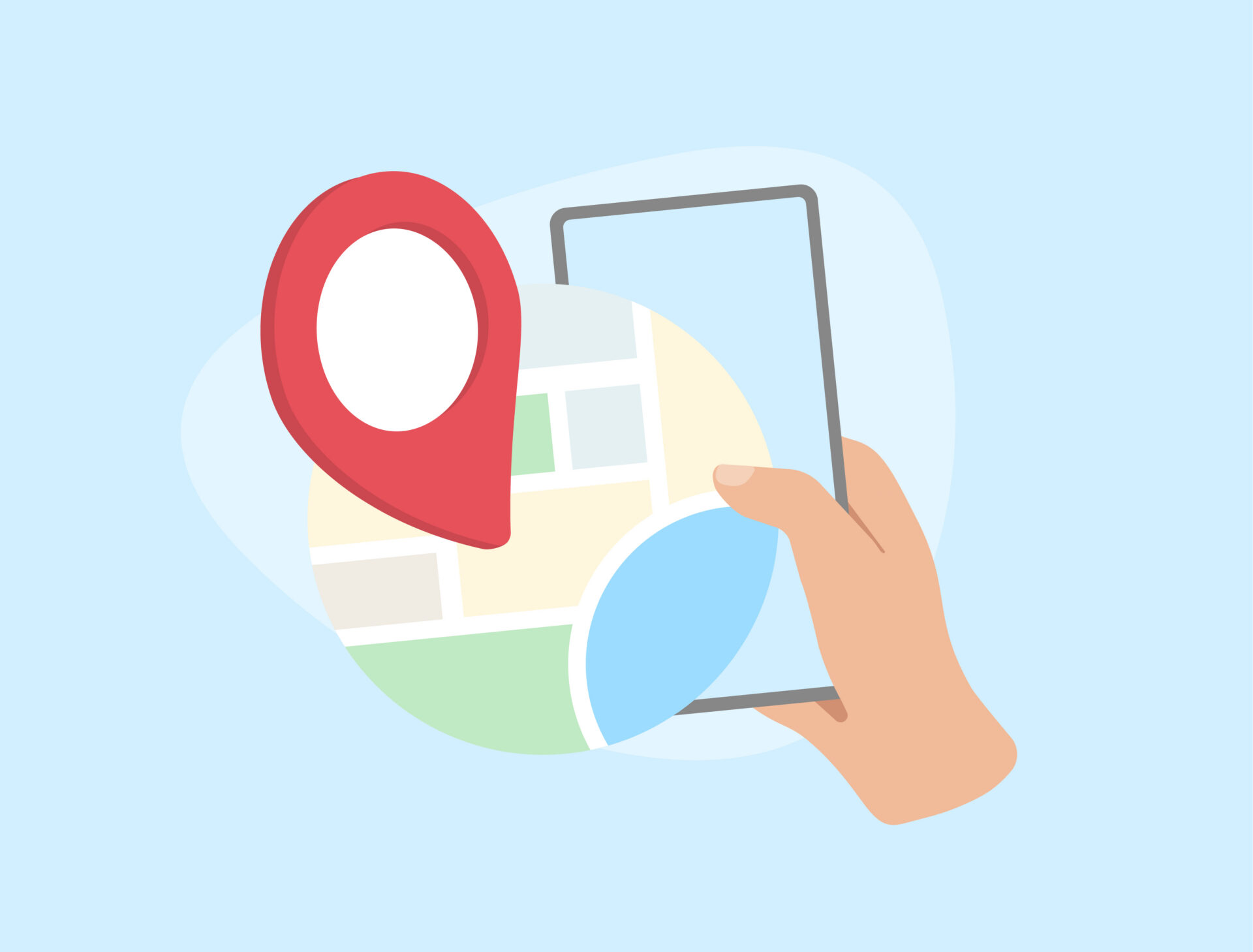 Illustration of someone holding a smartphone. A map and red pin is displayed over the screen to indicate a local search. Represents GLSAs.